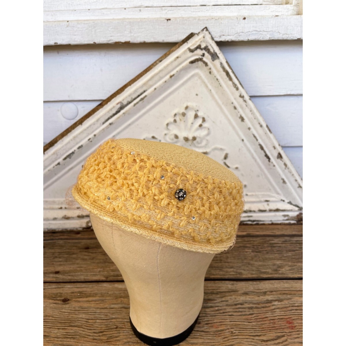 Vintage 1950s Yellow Straw Pill Box Hat Rhinestones MOD | eBay display picture 2