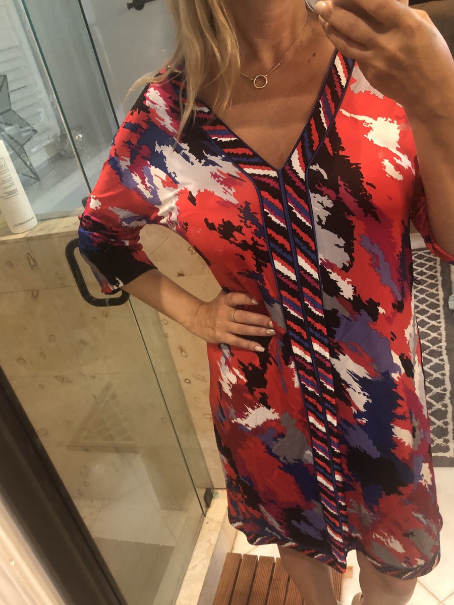 BCBG MAXAZRIA★Printed drawstring waist dressワンピース BC10 BCBG MAX AZRIA Red Blue White Combo Printed Dress L Large