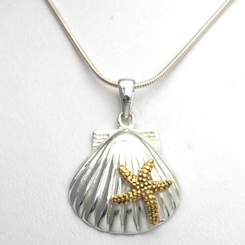 Scallop Shell Sterling Silver Pendant w/ Gold Plate Smooth Starfish 20" Necklace
