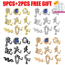 9Pcs L Bend Nose Stud 20G Surgical Steel Nose Ring CZ Dangle Piercing Jewelry