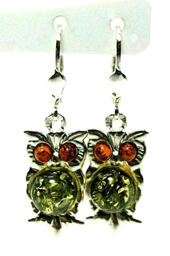 Silver Pendant Earring Amber Owl Design Genuine Natural Gems Sterling 19 3/4 In - Picture 22 of 24