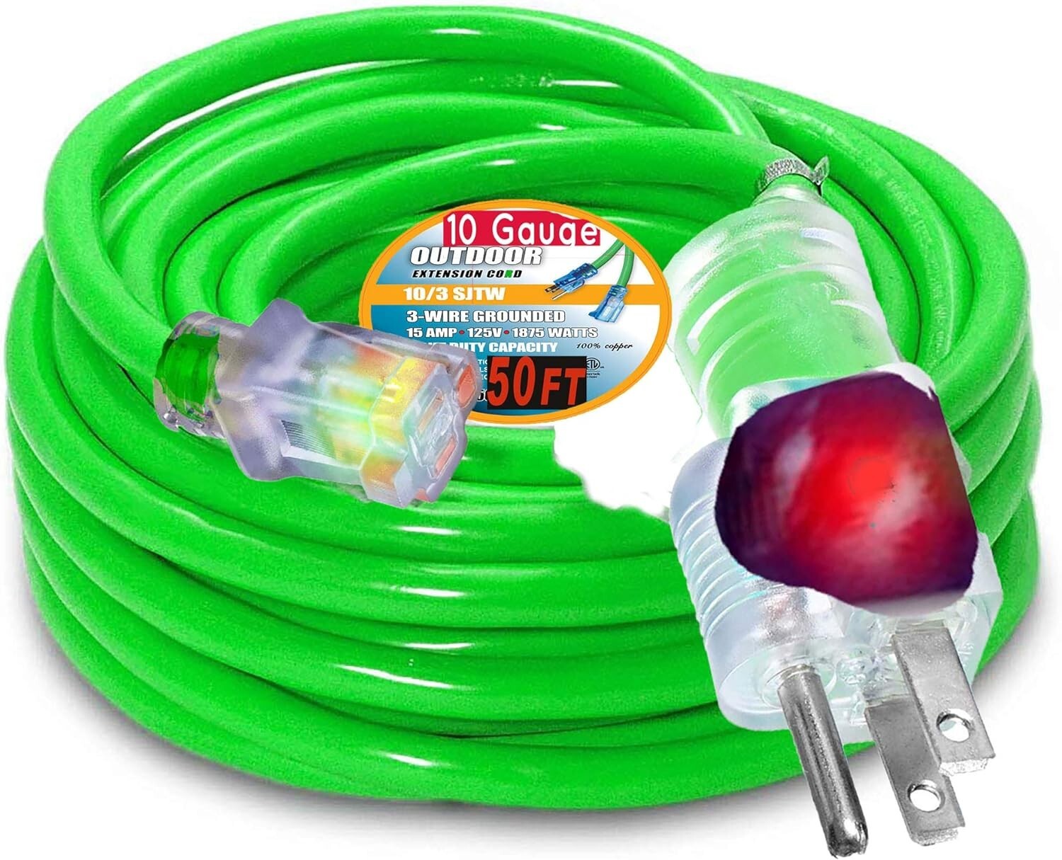 10 Gauge Heavy Duty 10'-50ft Outlet Lighted SJTW Extension C