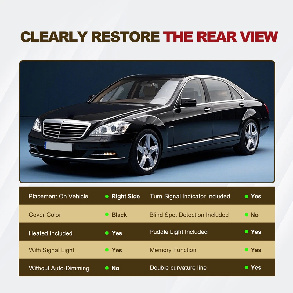 Espejo retrovisor eléctrico derecho memoria térmica eléctrico plegable apto para 10-13 Mercedes Benz S550 Foto 2 de 4