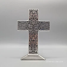 VTG Wilton Armetale Pewter Rococo Cross With Easel, Floral Design, 8.4" x 5.25"