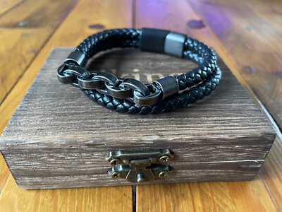 Bracelet Viking Ragnar Cuir Noir Avec Chaîne Et Symboles Acier - Neuf Avec Boîte Et Pochette, Look Guerrier
