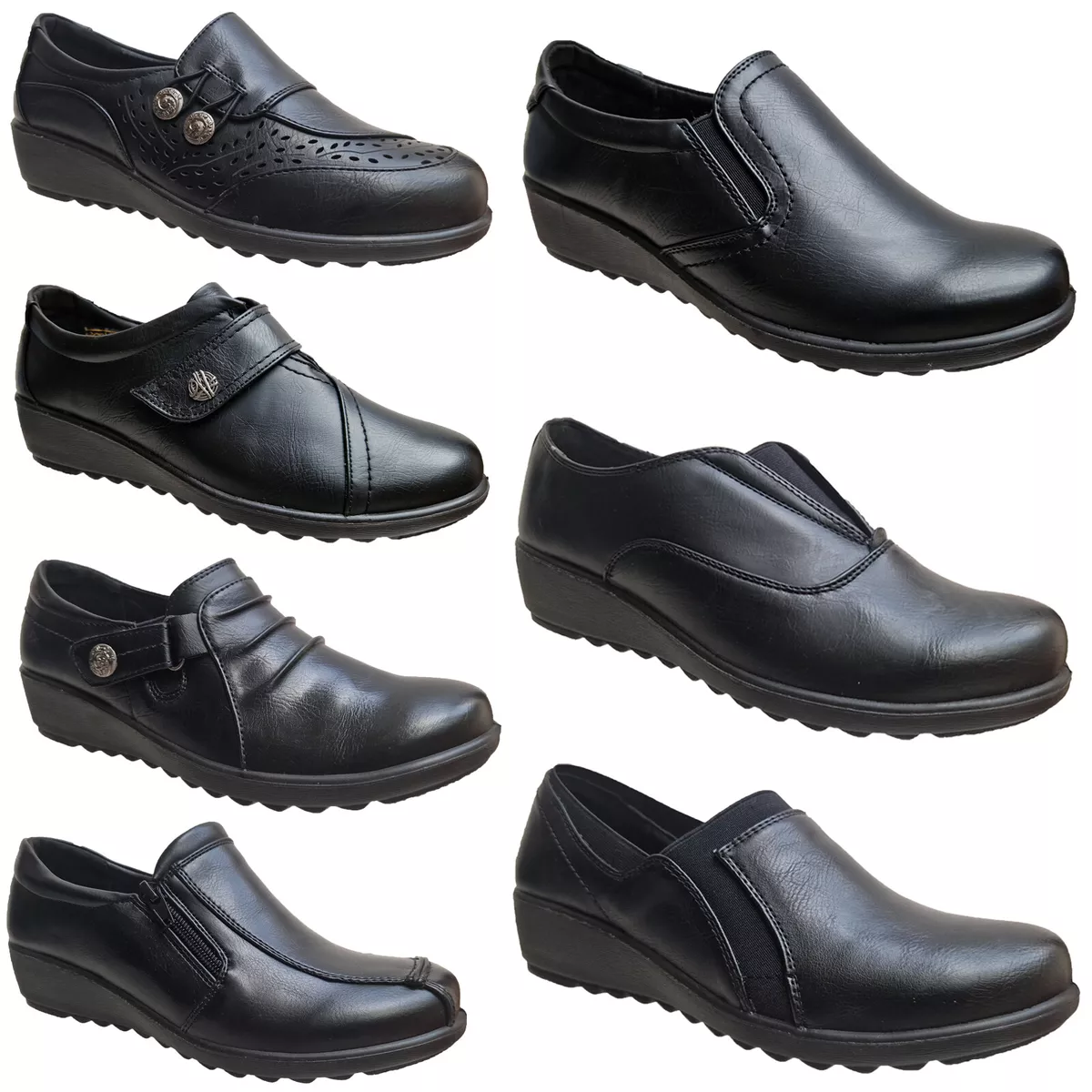 Cushion Walk Ladies Shoes Work Office Black Zip Slip On Wide D Fitting Wedge