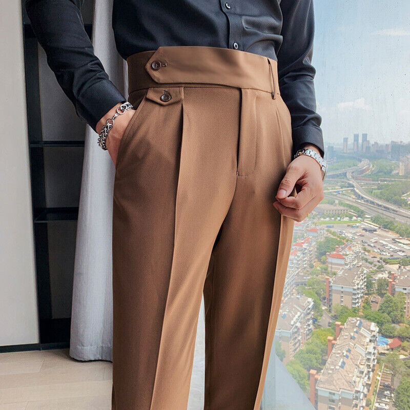 Men Straight Leg Tapered Trousers High Waist Pleated Pants Slim Fit Casual  Pants