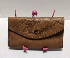 Leather Brown Wheat Pattern Wallet Tri-Fold Coins Checkbook Bills 1970s Vintage