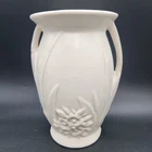 Vintage 1930's  McCoy Matte White 8" Urn Vase Double Handle Flowers & Leaves