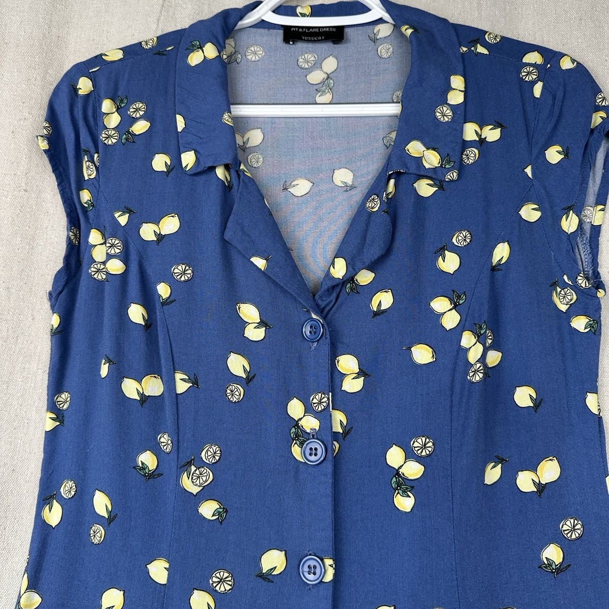 YESSICA | Summer Dress Size Small Fit and Flare Blue with Lemons Button-Up  | eBay