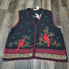 White Stag Cardigan Sweater Vest Womens Plus 22W Black Knit Cardinal Bird Beaded