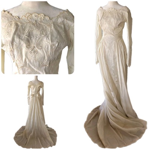 Vintage 1950s Ivory Wedding Gown, Romantic, Pearl, Lace, Train, Victorian