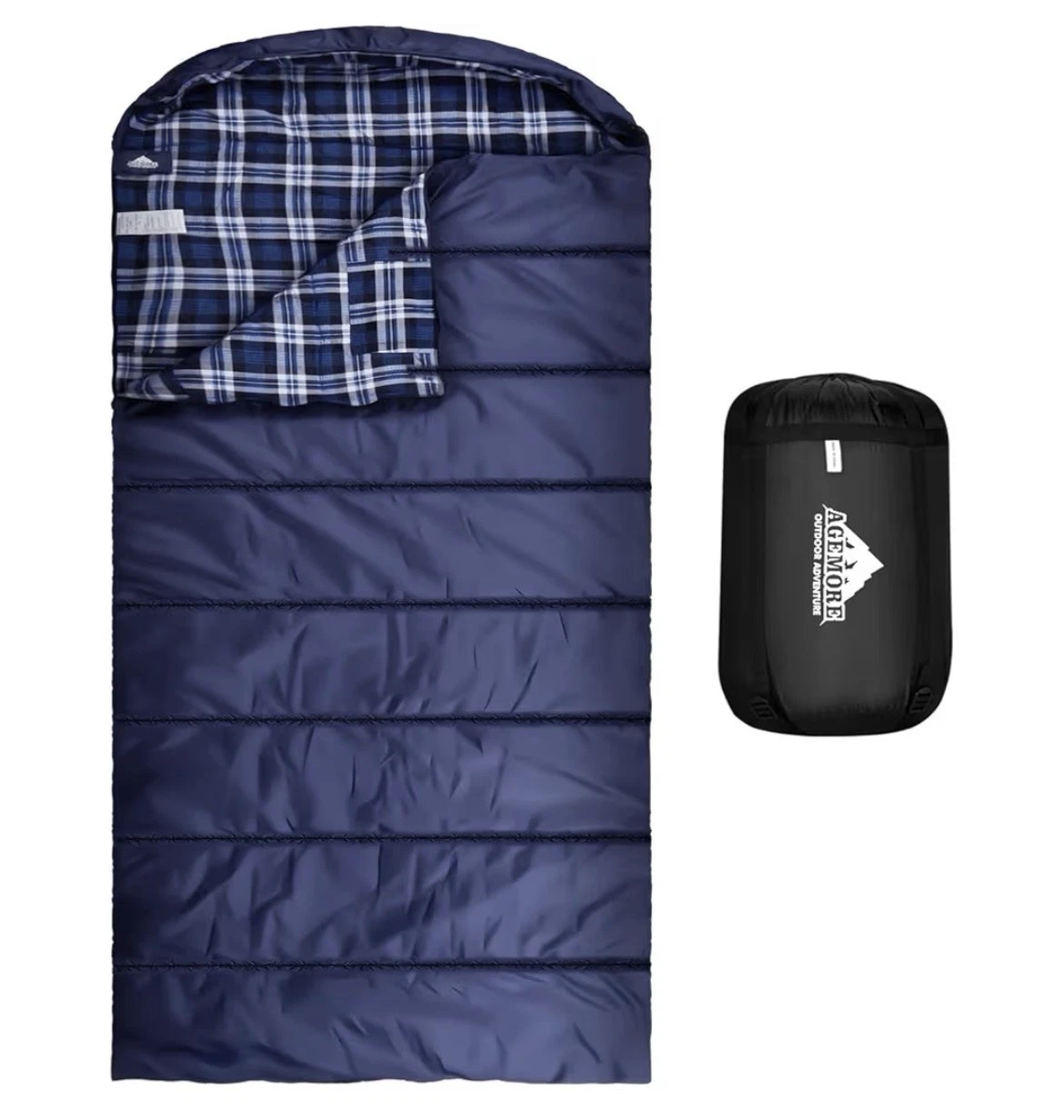 Agemore Cotton Flannel Sleeping Bags For Adults Black/Blue Plaid Fabric NWOT