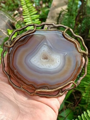 Large Agate Stone & Brass Organic Belt Buckle Handmade Gemtone 1970s 4''