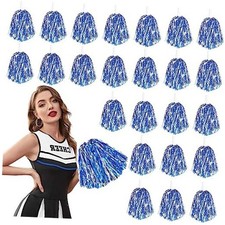 24 Pcs Metallic Cheerleading Pom Poms for Kids, Cheerleaders Blue and Sliver