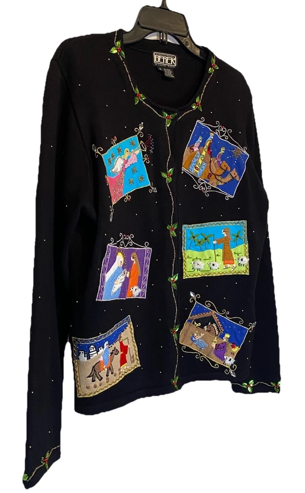 Cárdigan Berek Natividad Navidad Talla L Bordado Cuentas Suéter Vintage Años 90 Foto 3 de 4