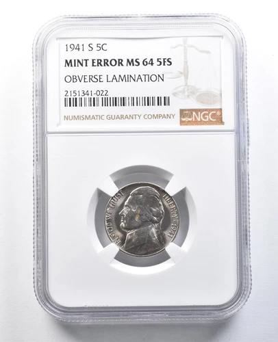 1941-S Jefferson Nickel Mint Error Obverse Lamination MS64 5FS NGC *8253