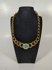 Vtg Christian Dior 90s Aqua Blue Oval Crystal Chunky Gold Choker Necklace  — photo 1
