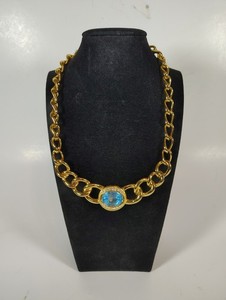 Vtg Christian Dior 90s Aqua Blue Oval Crystal Chunky Gold Choker Necklace 