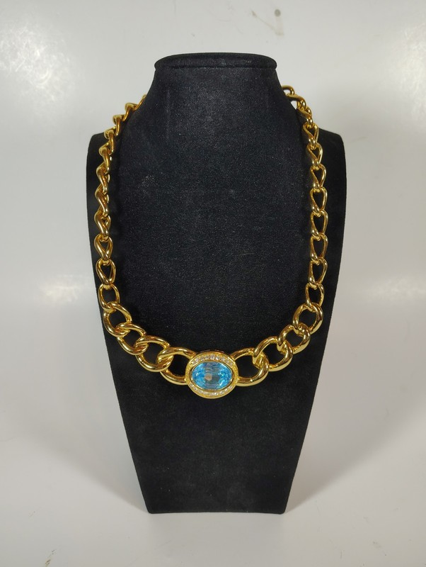 Vtg Christian Dior 90s Aqua Blue Oval Crystal Chunky Gold Choker Necklace 