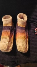 Homemade Crochet House Slippers Womans 8/9 Briwn Tan Stripes