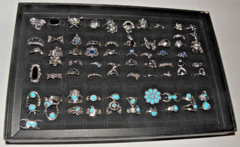 DISPLAY CASE AND A LOT OF 71 SILVER & TURQUOISE RINGS (SMALLER SIZES)