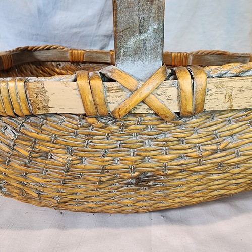 Asian Woven Basket Willow Wood Handle Gathering Basket 16 x 13 1/4" x 17", Nice!