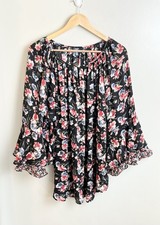 Chaps Women’s Sz 2XL Sheer Dark Floral Blouse Bell Sleeve Keyhole Neck Whimsey