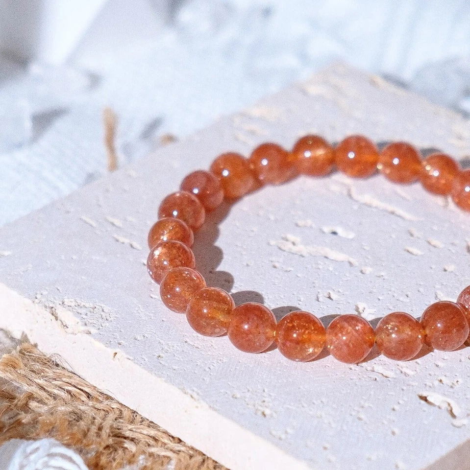 Natural Orange Sunstone Stone Bracelet Gold Sheen Crystal Stretch Bracelet - Image 3 of 3