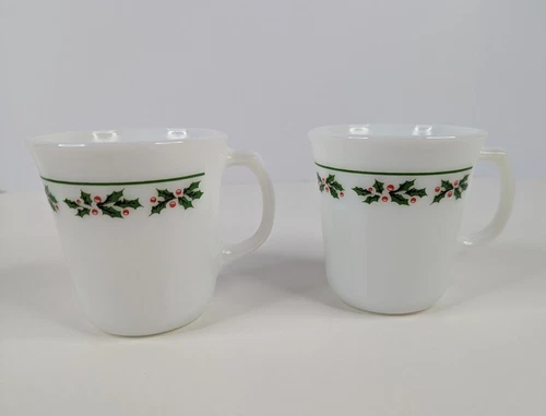 2 Vintage Corning Pyrex Holly Days Milk Glass Coffee Mugs Tea Cups D-Handle