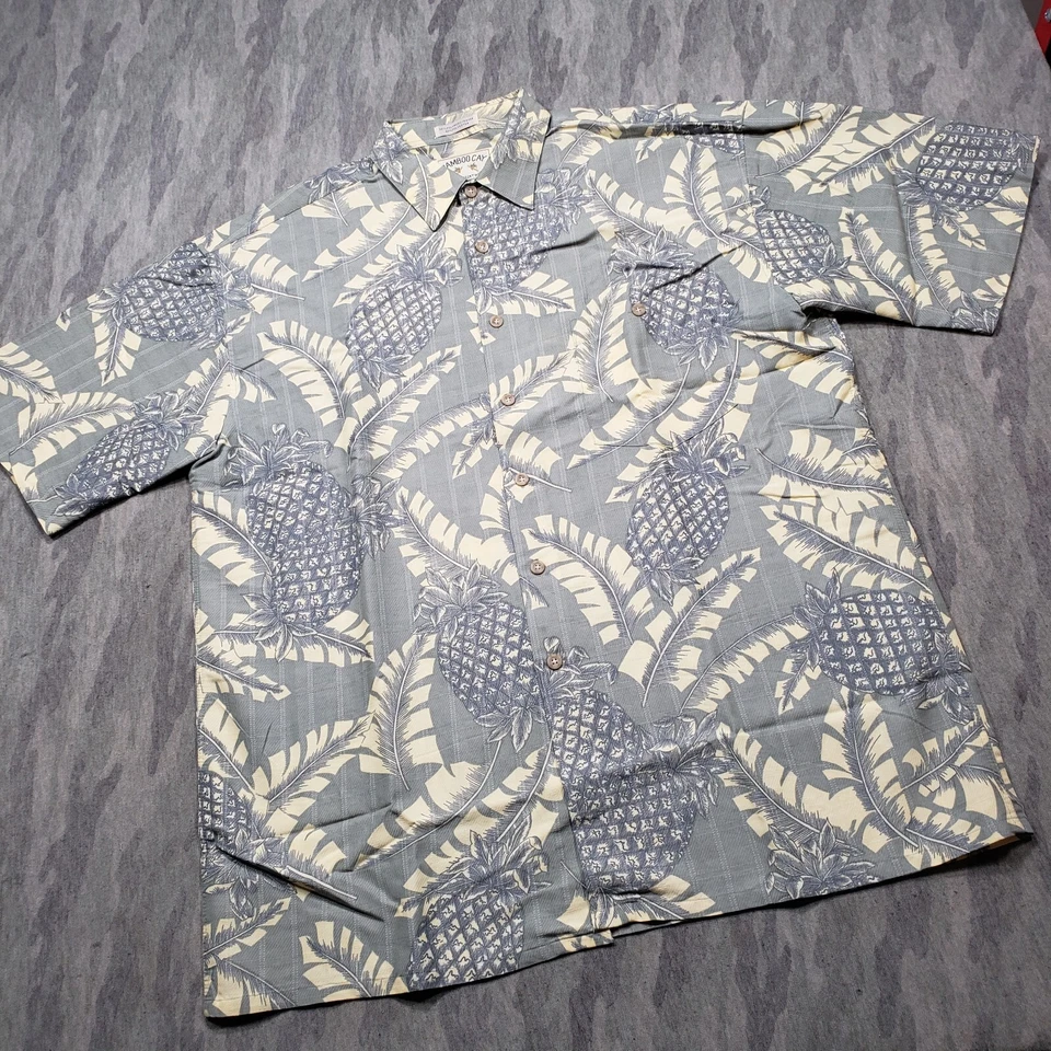 Camisa havaiana Bamboo Cay masculina grande amarela estampa de abacaxi manga curta botão - Imagem 2 de 4