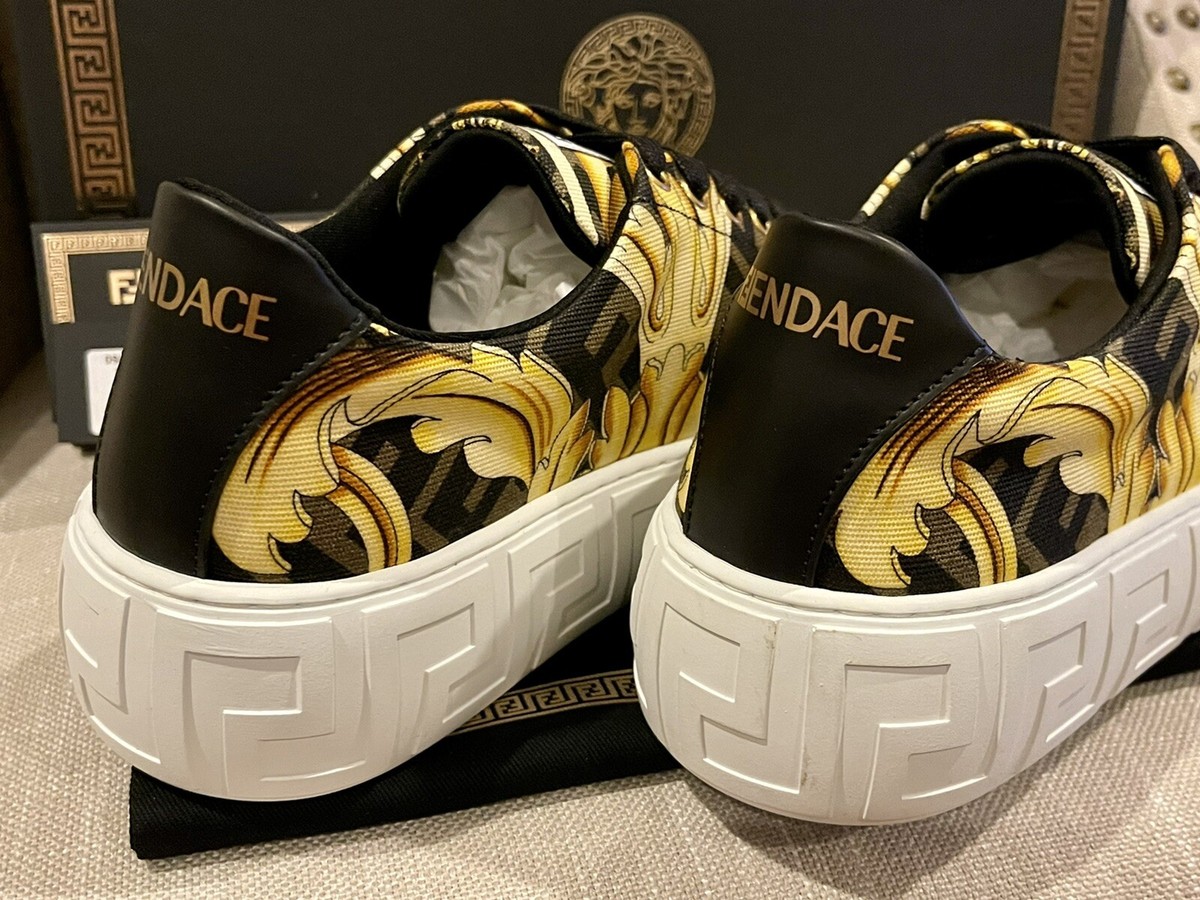 NIB Fendi X Versace Fendace Collaboration Gold Baroque Grecca Sneakers Size  39