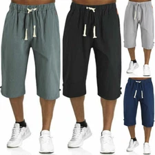 Men's Elasticated Waist 3/4 Length Shorts Casual Linen Baggy Three Quarter Pants