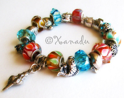 Marine Life European Charm Bracelets w Ocean Animal Charms, Turquise Glass Beads
