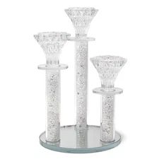 Allgala 9" 3-Pillar White Crystal Candlesticks with Diamond Stones & Mirror Base