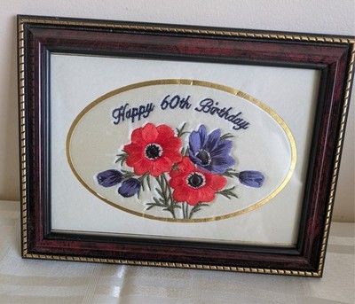 Happy 60. Geburtstag Vintage gerahmte Stickerei Mohnblumen 8,5'' x 6,5''