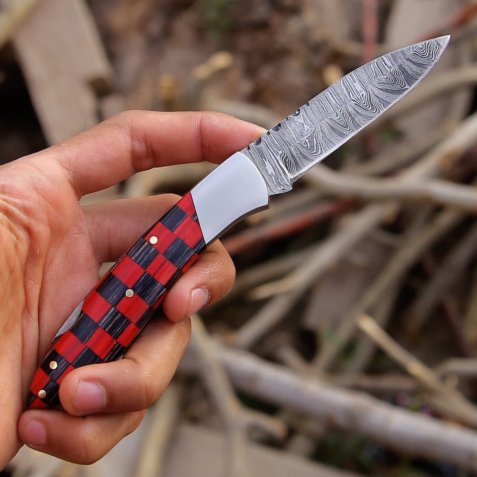 Cuchillo de bolsillo Damasco rojo y negro mango de madera cuchillo de caza EDC cuchillo desollador Foto 4 de 4
