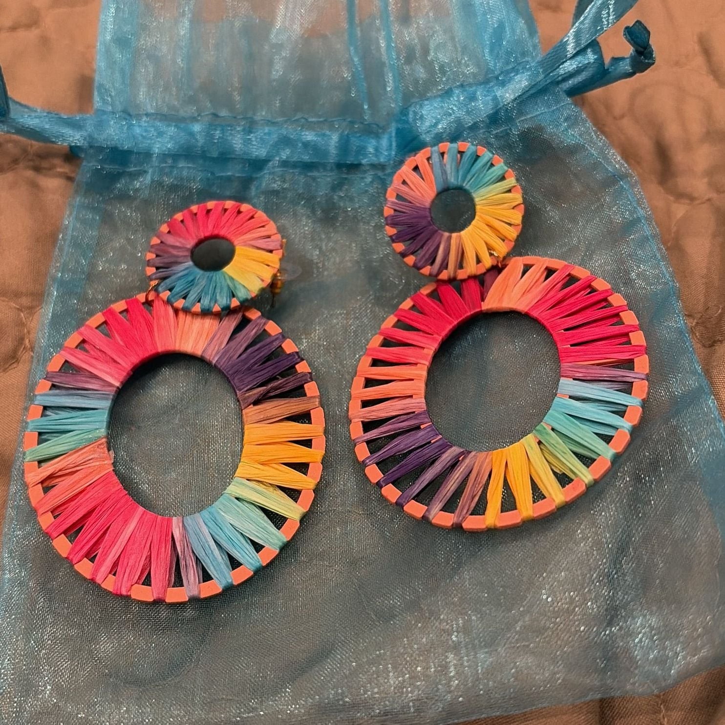 Boho Rainbow Raffia Wrapped Oval Statement Earrin… - image 1