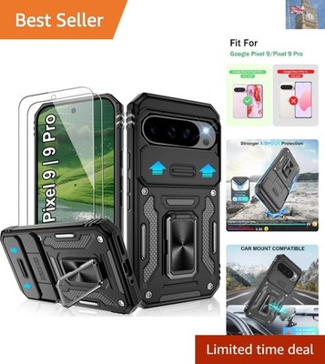 Luxus schwarze Hülle für Google Pixel 9 Pro - integrierter Ständer & Kamera Cover