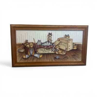 Ted. E. Bear Factory Print Wooden Framed Country Folk Art 22  x13  Mary Ann June