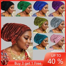 Multilayer Pleated Glitter Women Turban Cap African Auto Gele Headtie Bonnet Hat