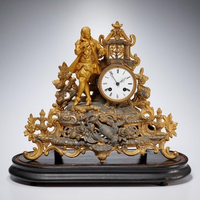 Antique Vincent & Cie Medaille D Argent 1855 French Figural Mantel Clock Gold