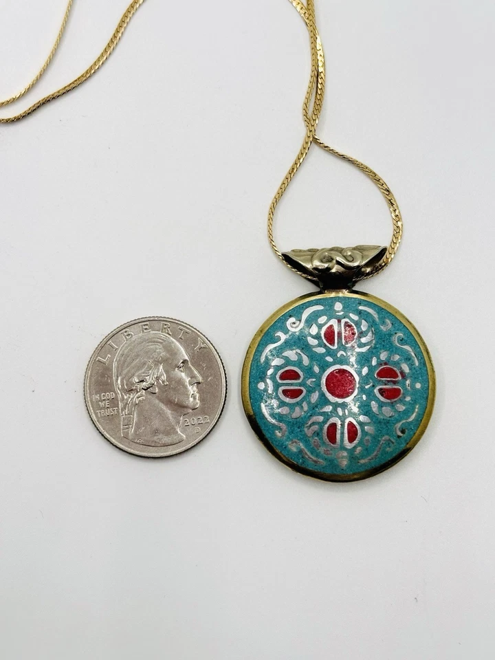 Symbolic Double-Sided Inlay Nepal Amulet Buddha Kathmandu Pendant Necklace - Image 3 of 4