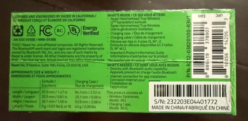 Auriculares inalámbricos para juegos Razer Hammerhead True 2da generación BT cancelación de ruido NUEVO Foto 3 de 3