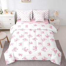 Pink Bow Comforter Set with Sheets Queen Size Kids Cartoon Bowknot 7 Pieces B...