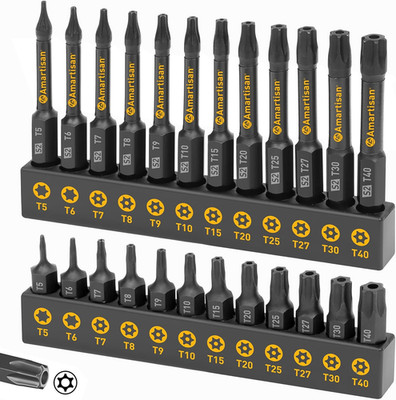 Torx Bit Set, 24-Piece S2 Steel, 1'' & 2.3'' Long T5 - T40, Security, Tamper