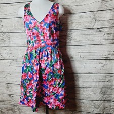 Milly Floral Fit  Flare Dress Blue Pink Sleeveless Gold Zip Size 8