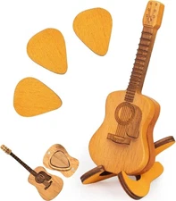 Guitar Pick Box Acoustic Guitar Pick Case with 3 Guitar Picks Wooden Guitar 