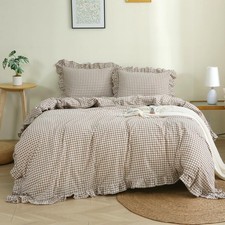 Taupe/White Plaid Ruffle Duvet Cover Twin Size,100 Washed Cotton 3 Pcs Vintage