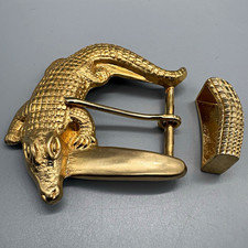Vintage Gold Tone Alligator Belt Buckle with Matching Keeper Loop Crocodile